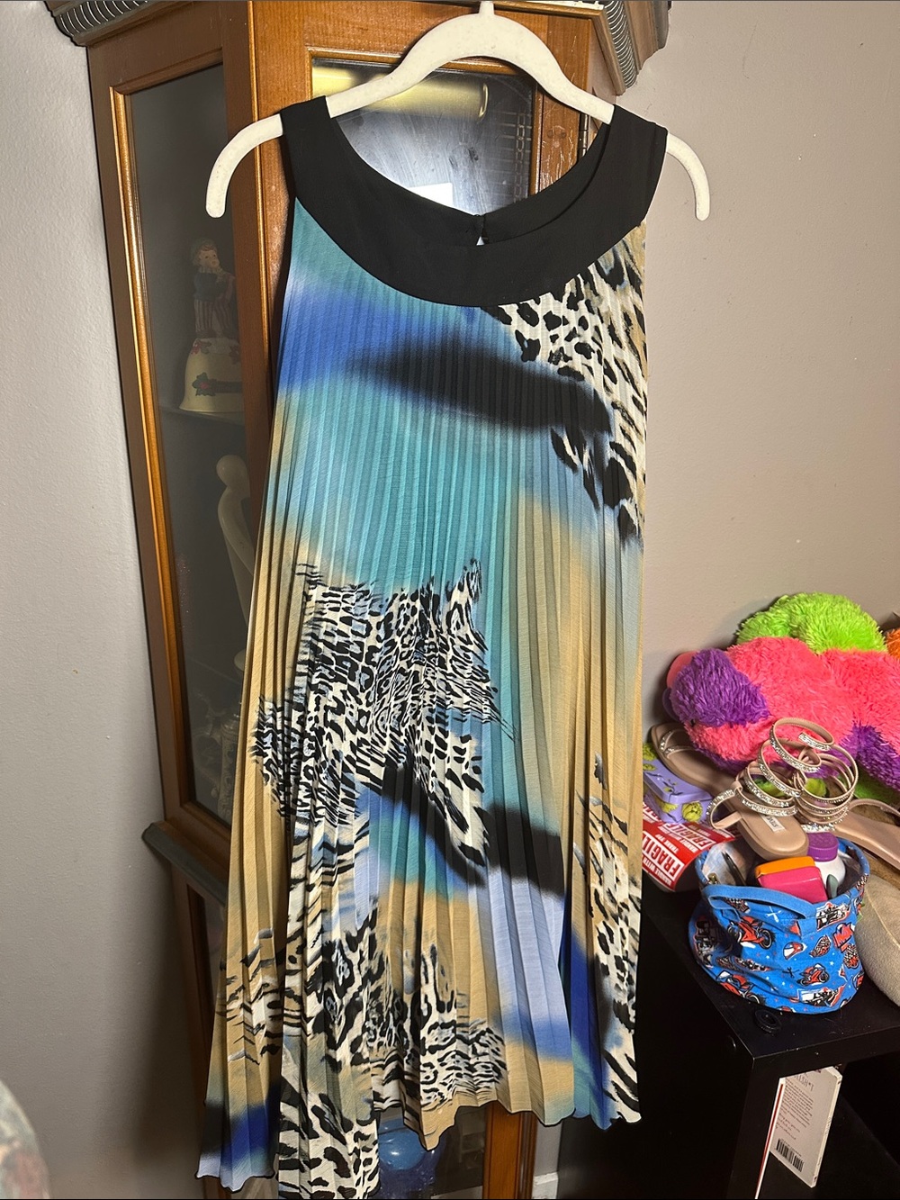 Sleeveless Pleated Animal Print Dress in Teal, Beige & Black
